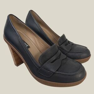 ECCO Normane Loafer Heels Size 38 Black Brown Leather Stacked Heel Platform Pump